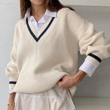 Women Casual Contrasting V Neck Patchwork Sweater