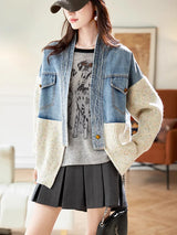 Oversized V-Neck Knitted Loose Denim Jacket