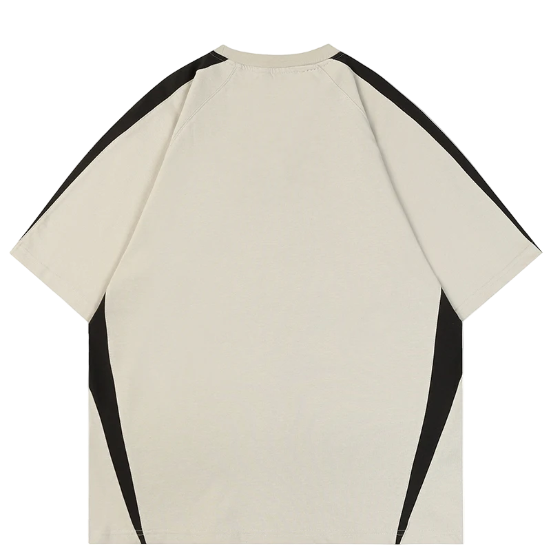 Beige t-shirt with black sleeves on a white background