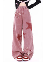 Jean taille haute imprimé étoiles roses pour femme