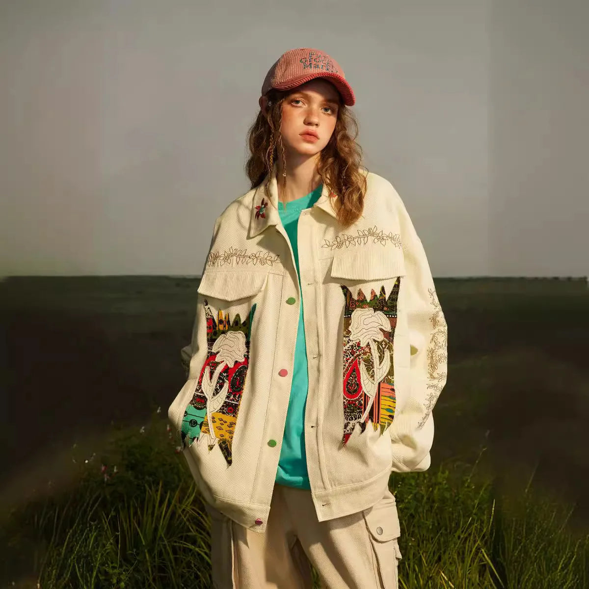 National Floral Embroidery Patchwork Denim Jacket