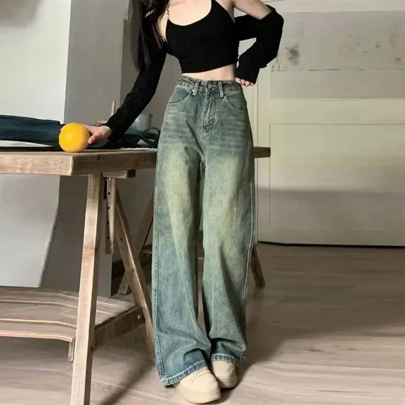 여성 빈티지 하이웨이스트 와이드 레그 진