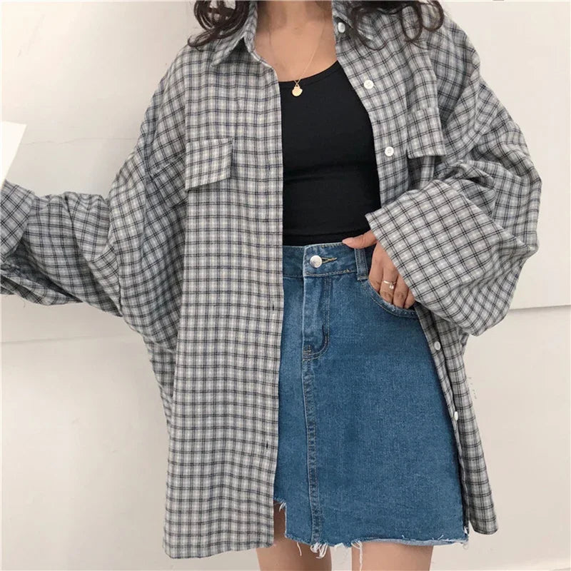 Chemise boutonnée décontractée à carreaux Soft Girl