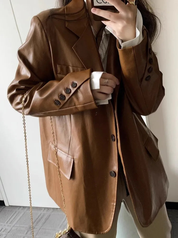 Women Stylish Retro Loose Motorcycle Leather Jacket