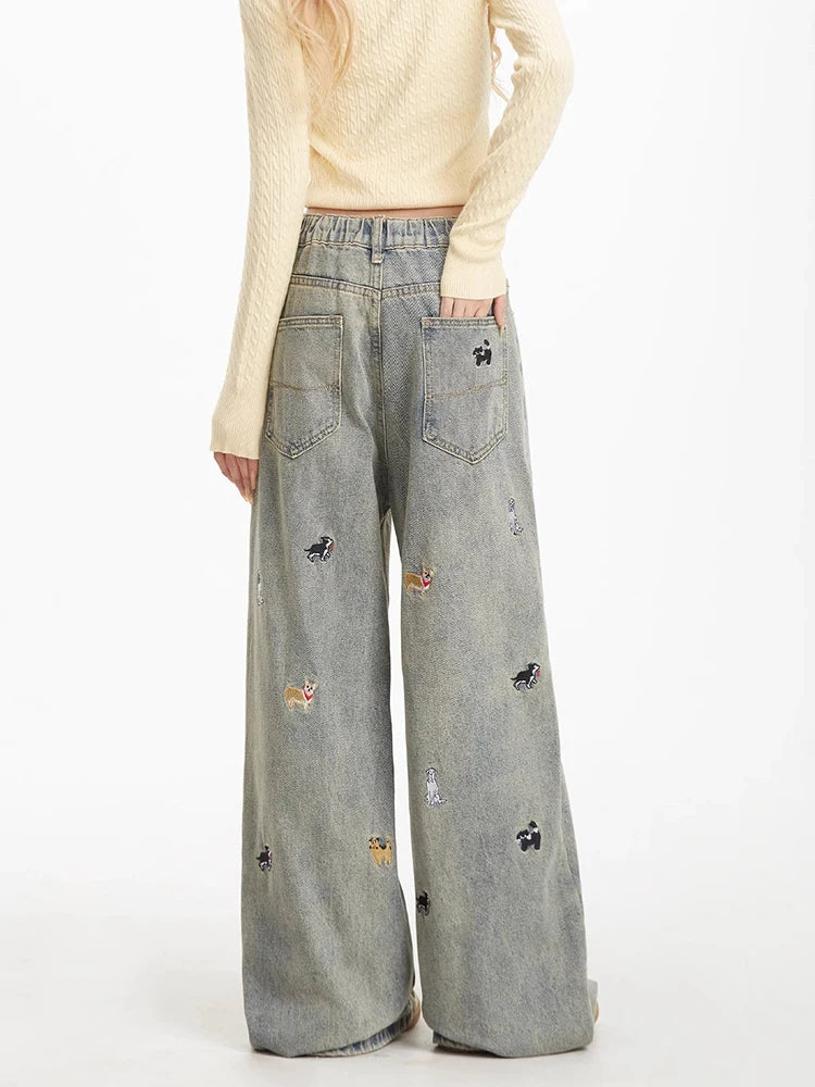 Cool Vintage American Puppy Embroidered Wide Jeans