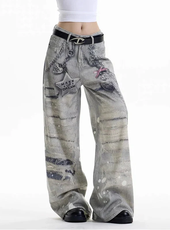 Essential Streetwear Gothic Graffiti Print Boyfriend Jeans