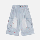 Chic Striped Heart Embroidery Cargo Denim Jorts