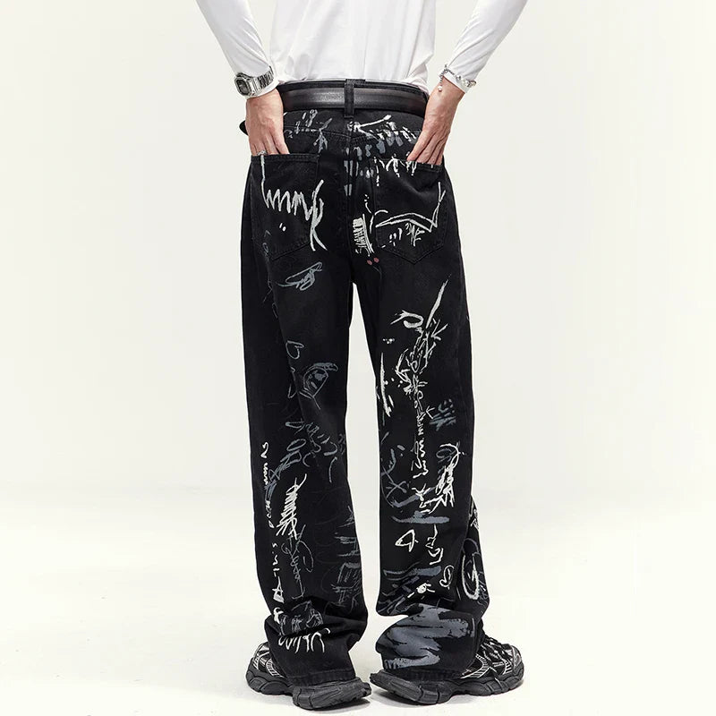 American Style Graffiti Print Loose Straight Jeans