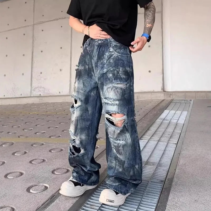 Vintage-Jeans aus zerrissenem, blauem Denim im Used-Look