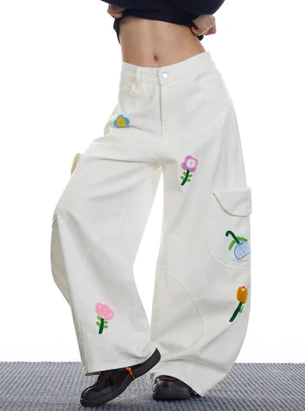 Y2K Vielseitige rote Cargo-Jeans im Stil der 2000er Jahre mit Blumenmuster