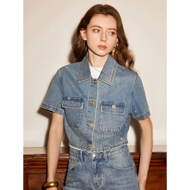 Rhinestone Short Sleeve Denim  Jacket