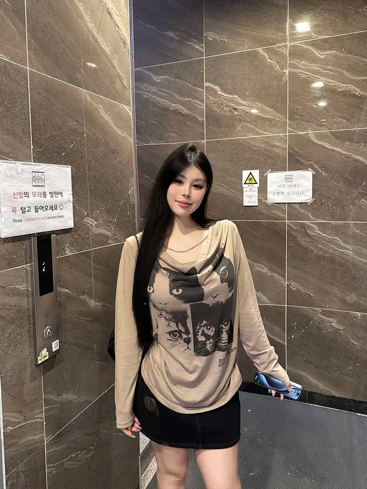 고양이 그래픽 프린트 긴팔 티셔츠