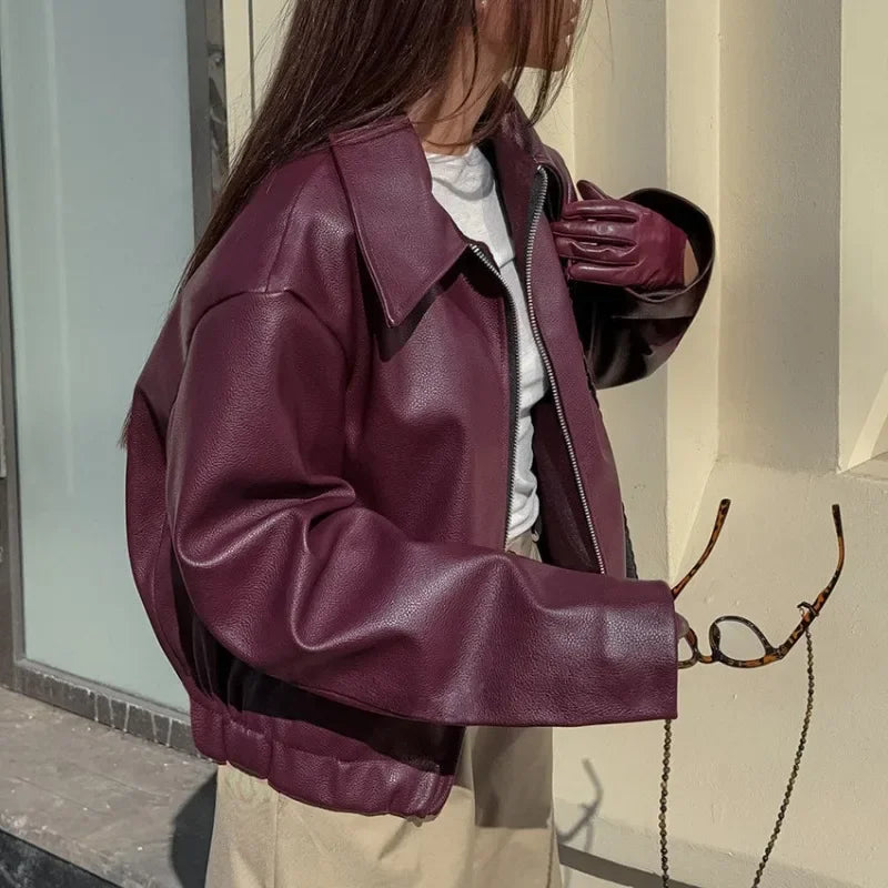 レディース レトロ バイクスタイル レッド レザージャケット