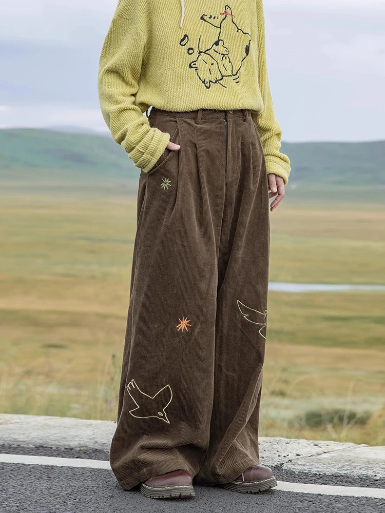 Embroidered Dove Brown Corduroy Pants