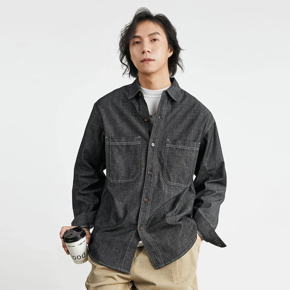 Chemise longue en denim américain rétro décontractée pour homme