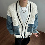 Leichter Patchwork-Denim-Cardigan mit V-Ausschnitt