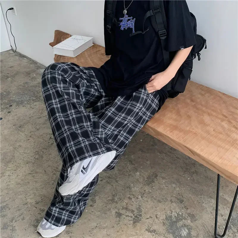 체크 패턴 와이드 팬츠