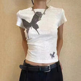 ゴシックグランジ バタフライプリント クロップドTシャツ