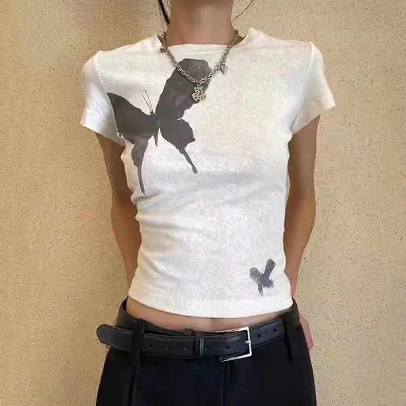 ゴシックグランジ バタフライプリント クロップドTシャツ