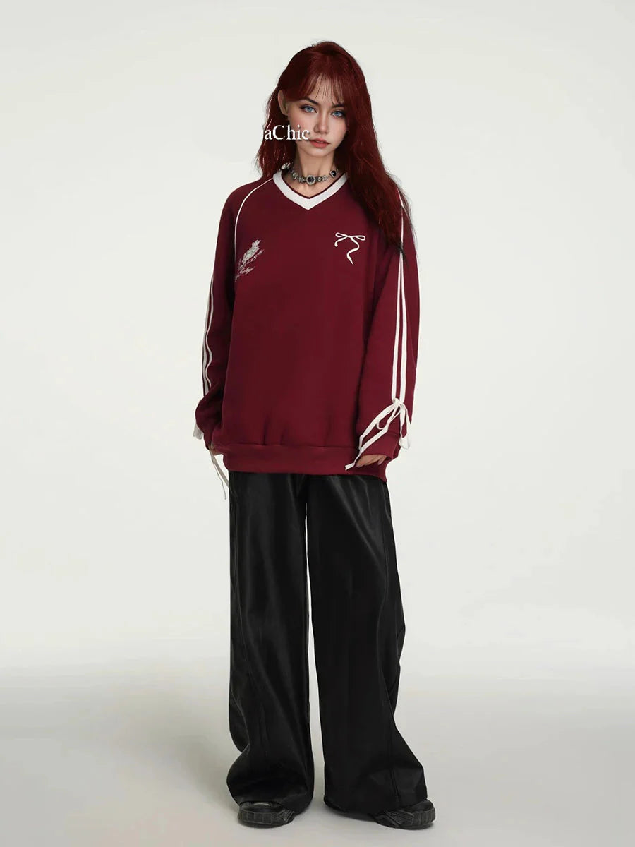 Retro Red Baseball Stripe Fleece Sweatshirt