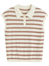 Women Casual Striped Knit Sleeveless Button Collar T-Shirt
