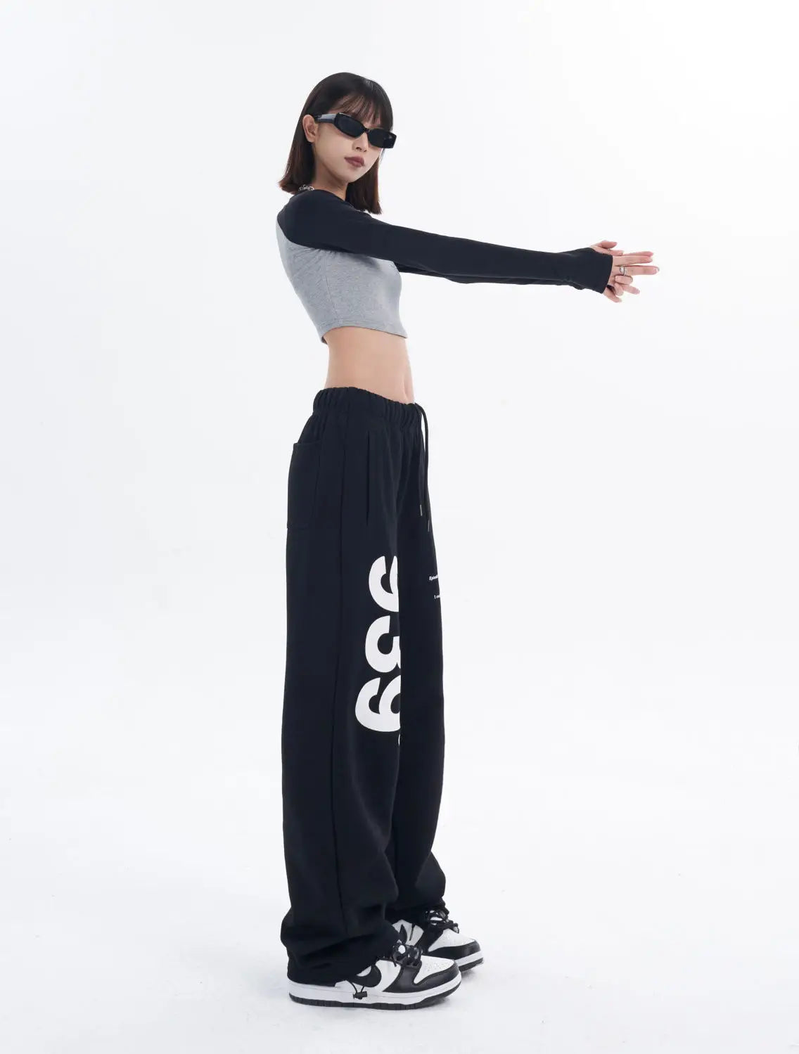 Vintage Black Korean Letter Print Wide Sweatpants