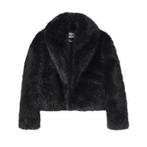 Style yourself in this luxurious black faux fur jacket, designed with an ultra-plush texture and voluminous collar for the ultimate glamorous streetwear statement.