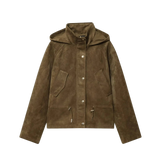 Upgrade your layering game with this luxe faux suede hooded jacket, featuring a high-neck design and adjustable drawstring hem for a premium streetwear fit.