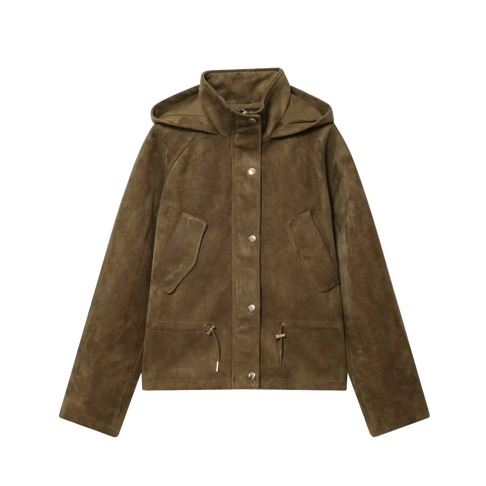 Upgrade your layering game with this luxe faux suede hooded jacket, featuring a high-neck design and adjustable drawstring hem for a premium streetwear fit.