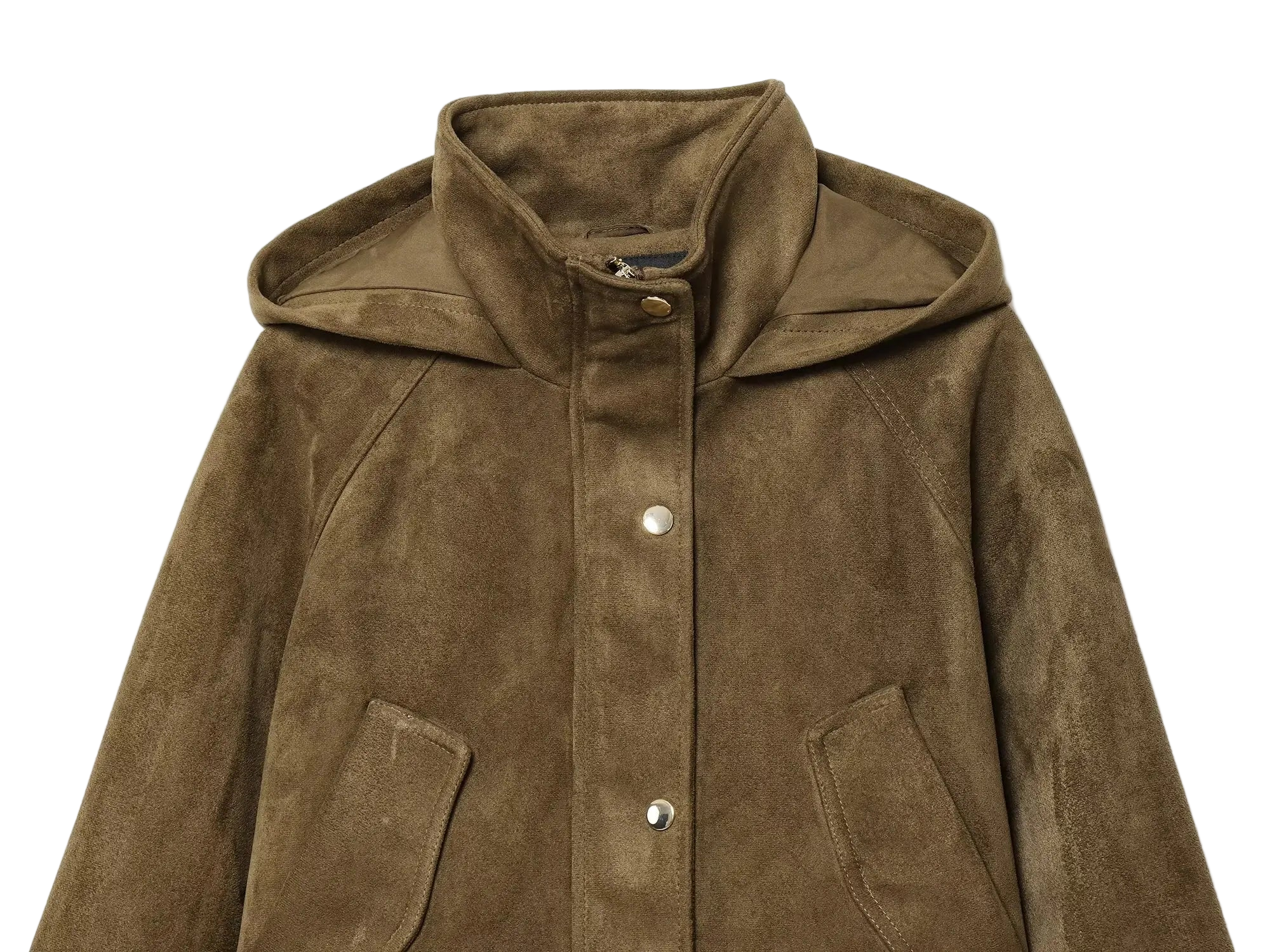 Upgrade your layering game with this luxe faux suede hooded jacket, featuring a high-neck design and adjustable drawstring hem for a premium streetwear fit.