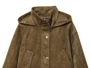 Upgrade your layering game with this luxe faux suede hooded jacket, featuring a high-neck design and adjustable drawstring hem for a premium streetwear fit.