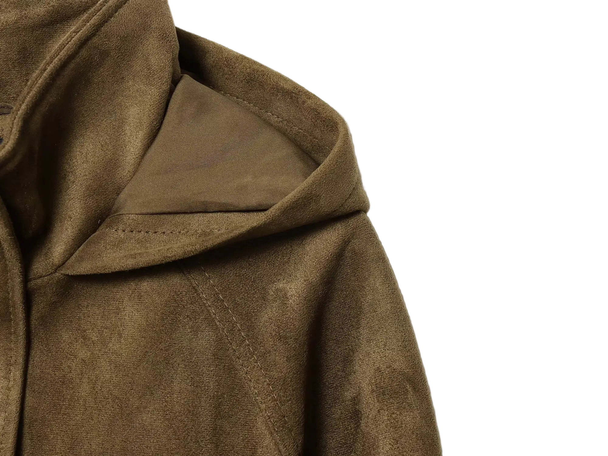 Upgrade your layering game with this luxe faux suede hooded jacket, featuring a high-neck design and adjustable drawstring hem for a premium streetwear fit.