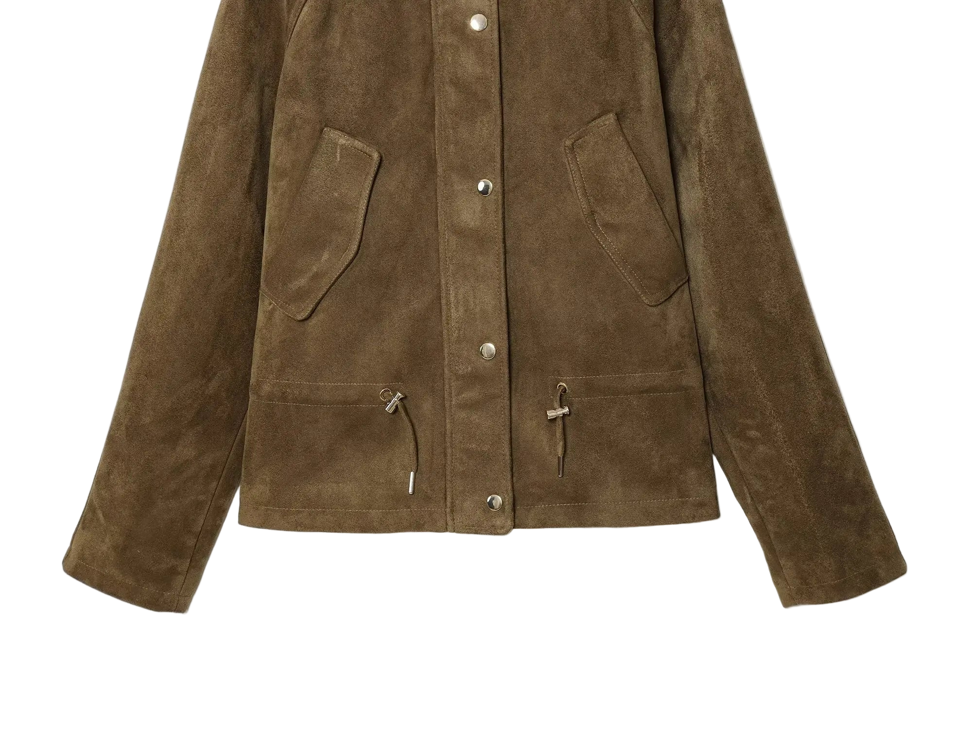 Upgrade your layering game with this luxe faux suede hooded jacket, featuring a high-neck design and adjustable drawstring hem for a premium streetwear fit.