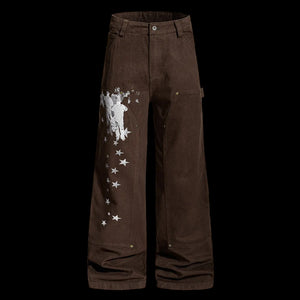 Brown pants with white graphic design on a white background