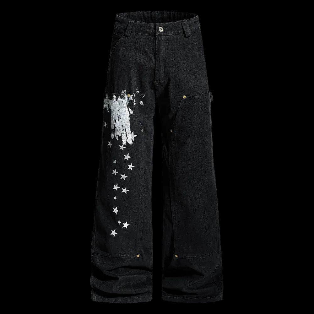 Black pants with white star pattern on a white background