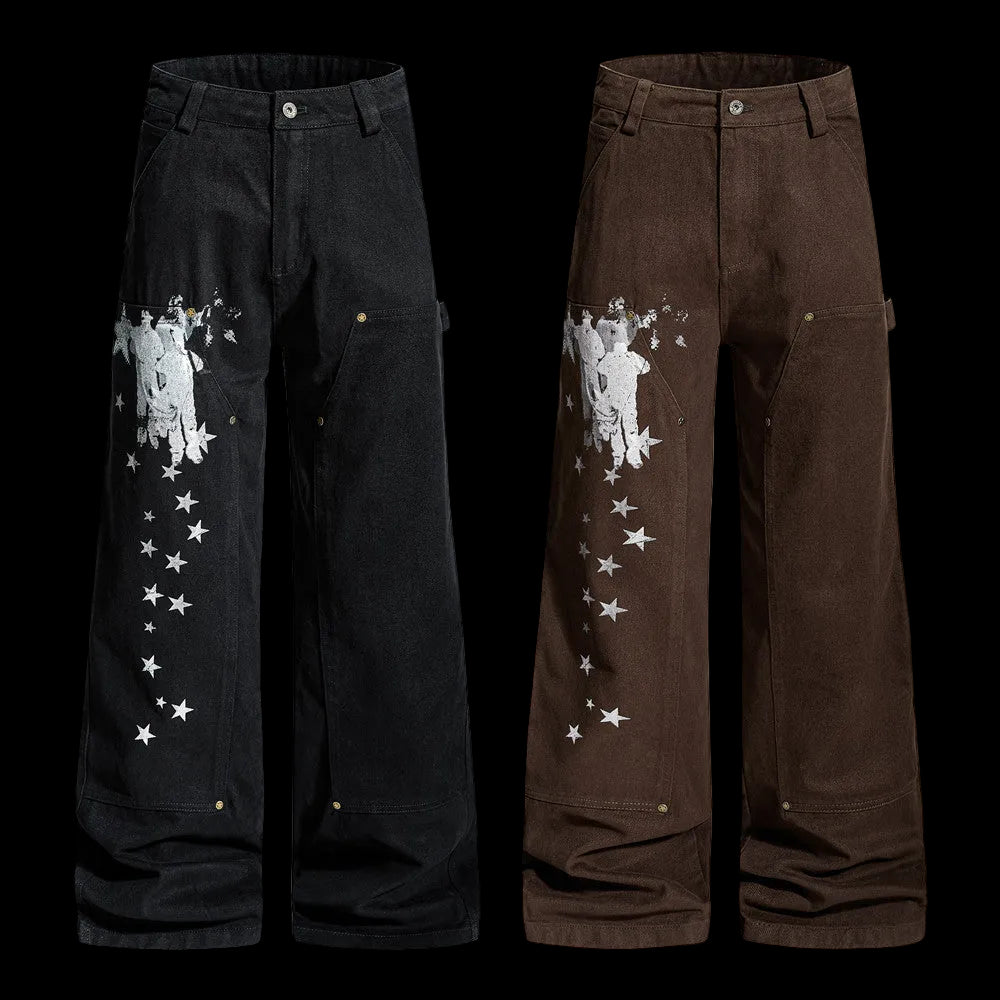 Black and brown pants with star patterns on a white background