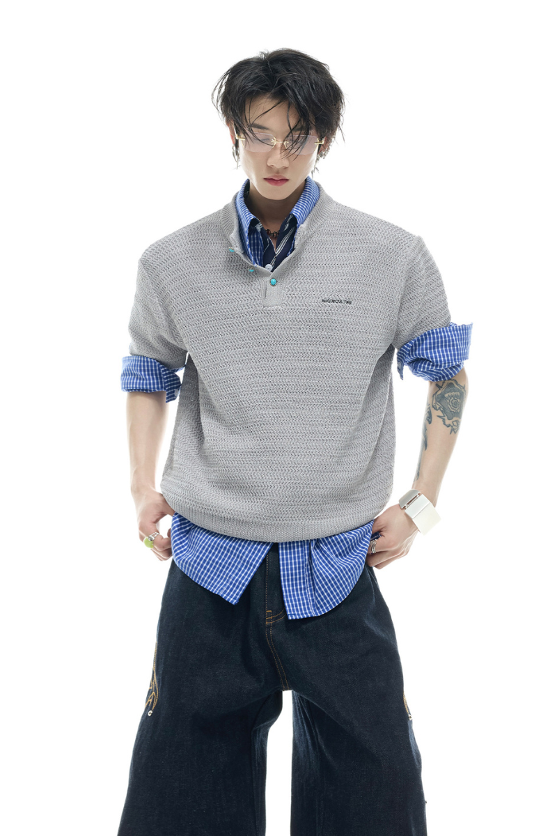 Strukturiertes Strick-Mesh-T-Shirt 