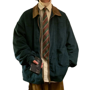 Style yourself in this oversized green corduroy jacket with a contrasting brown collar to add a vintage, textured edge to your daily streetwear rotation.