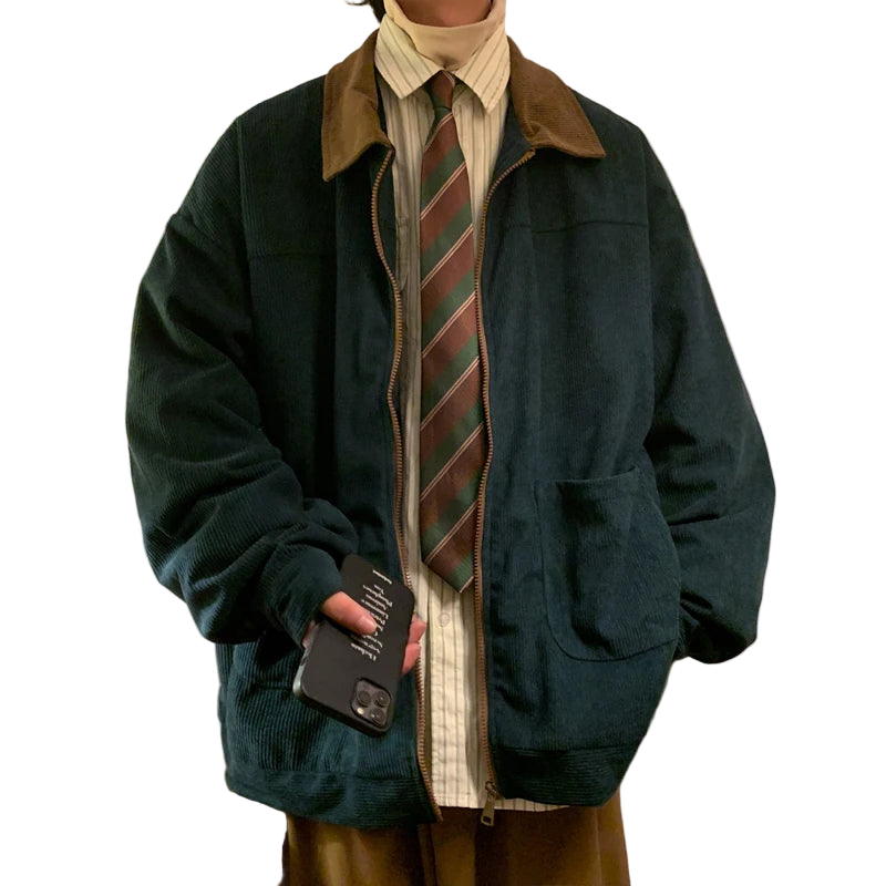 Style yourself in this oversized green corduroy jacket with a contrasting brown collar to add a vintage, textured edge to your daily streetwear rotation.