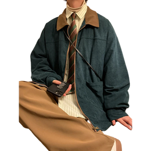 Style yourself in this oversized green corduroy jacket with a contrasting brown collar to add a vintage, textured edge to your daily streetwear rotation.