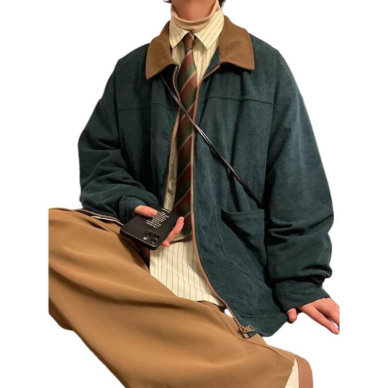 Style yourself in this oversized green corduroy jacket with a contrasting brown collar to add a vintage, textured edge to your daily streetwear rotation.