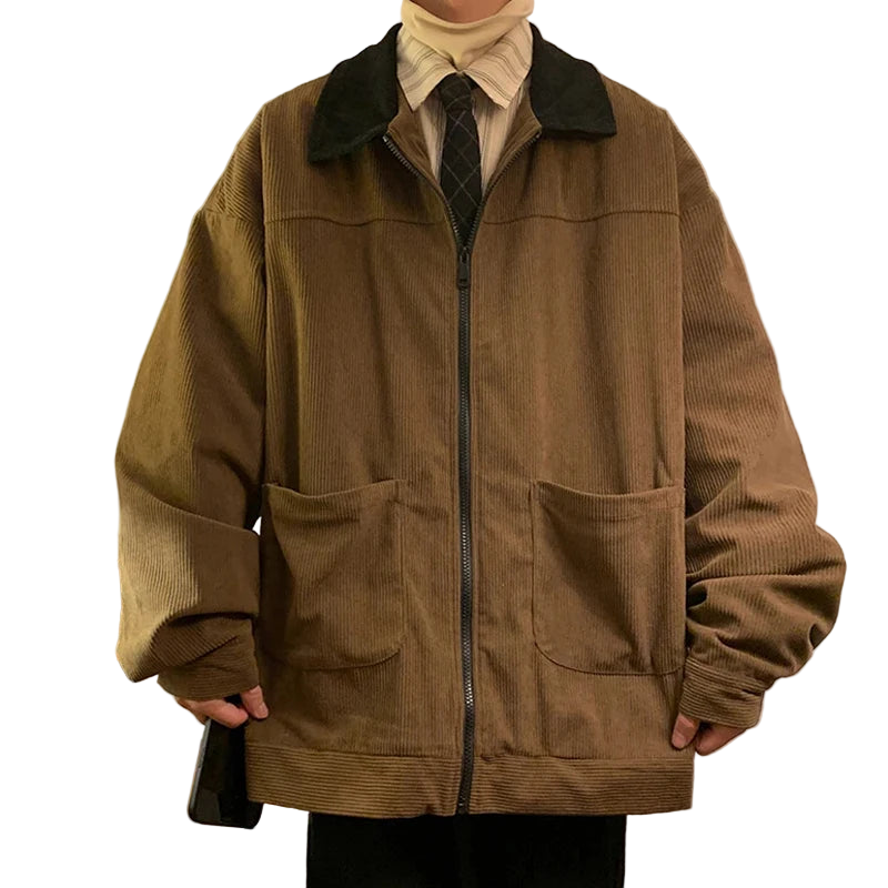 Style yourself in this oversized green corduroy jacket with a contrasting brown collar to add a vintage, textured edge to your daily streetwear rotation.