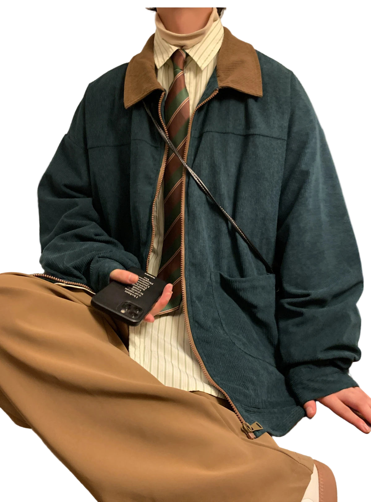Style yourself in this oversized green corduroy jacket with a contrasting brown collar to add a vintage, textured edge to your daily streetwear rotation.