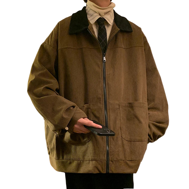 Style yourself in this oversized green corduroy jacket with a contrasting brown collar to add a vintage, textured edge to your daily streetwear rotation.
