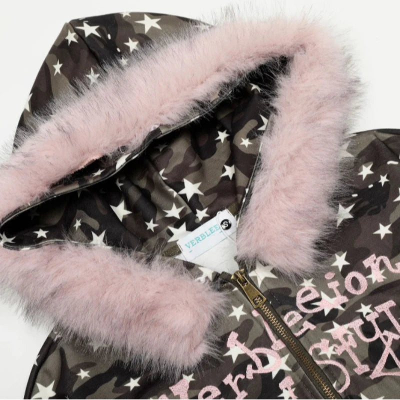 Children's jacket with pink fur trim and star pattern on a white background