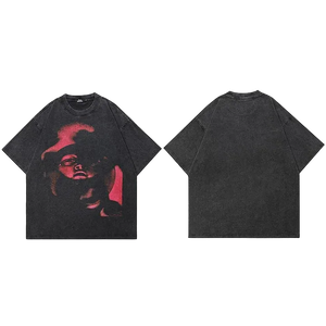 Black t-shirt with red graphic design on a white background