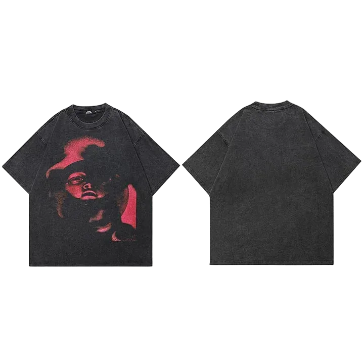 Black t-shirt with red graphic design on a white background