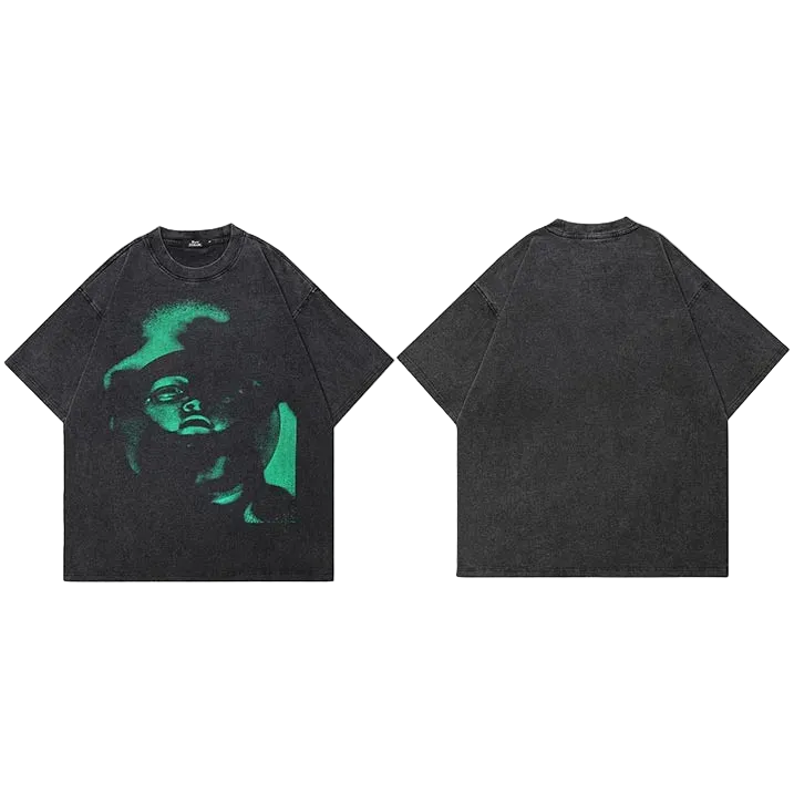 Black t-shirt with green graphic design on a white background