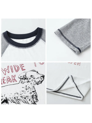 Collage of a t-shirt with a dog graphic and text on a white background