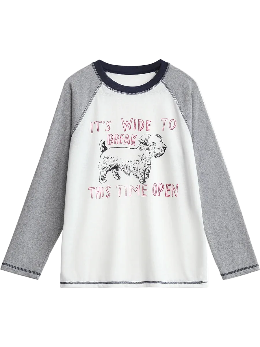 Long-sleeve shirt with a graphic of a dog and text on a white background